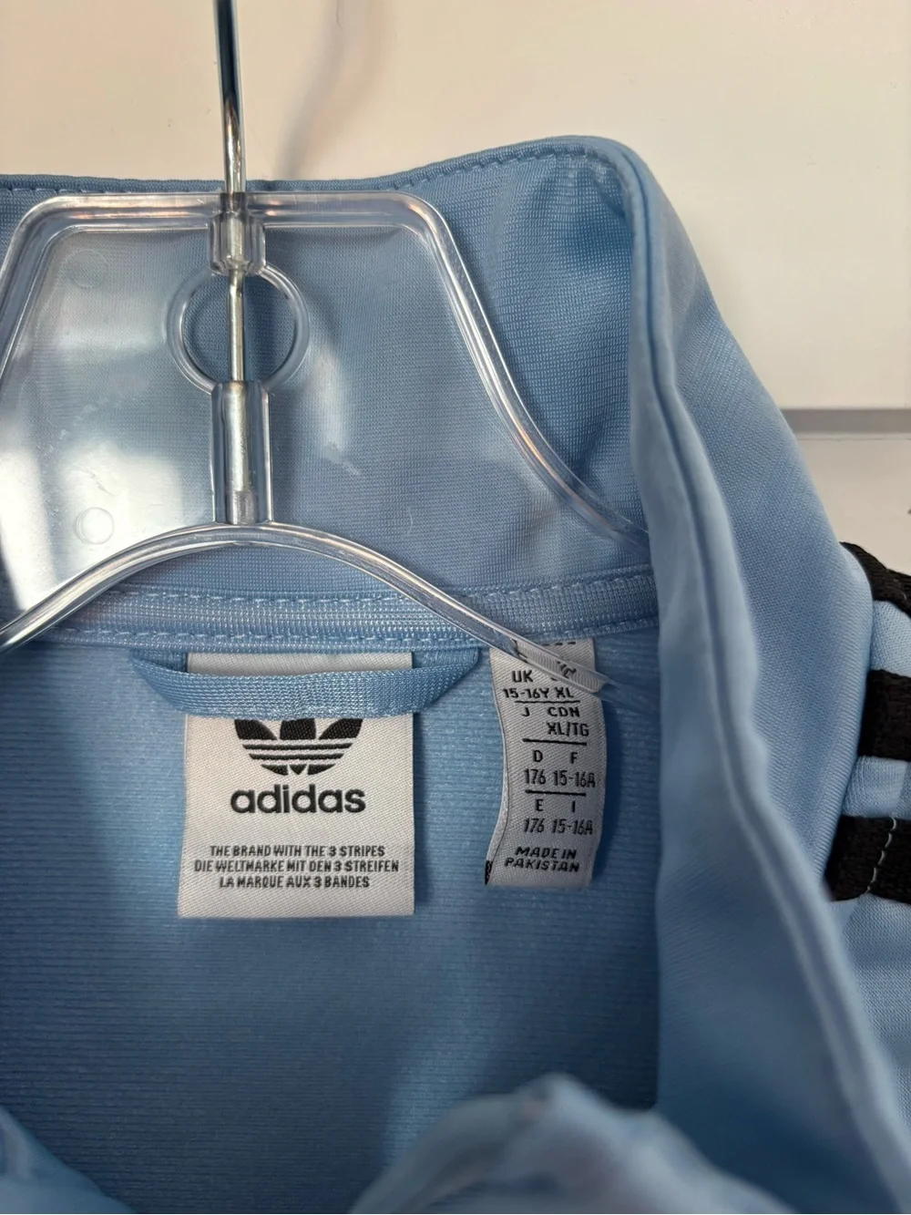 adidas Kids Powder Blue Track Jacket & Joggers with Black Stripes size 16